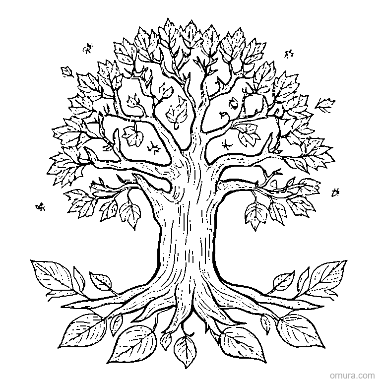 autumn tree with falling leaves coloring page - free printable black and white line art for kids and adults