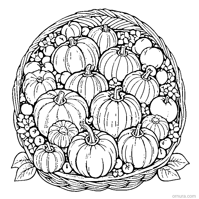 basket of gourds and mini pumpkins coloring page - free printable black and white line art for kids and adults
