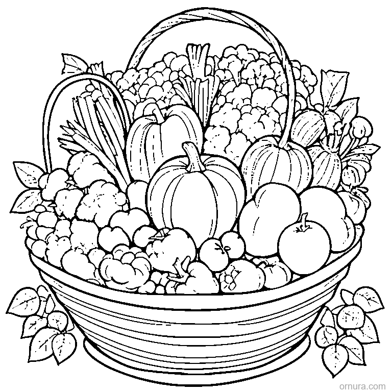 basket of vegetables coloring page - free printable black and white line art for kids and adults