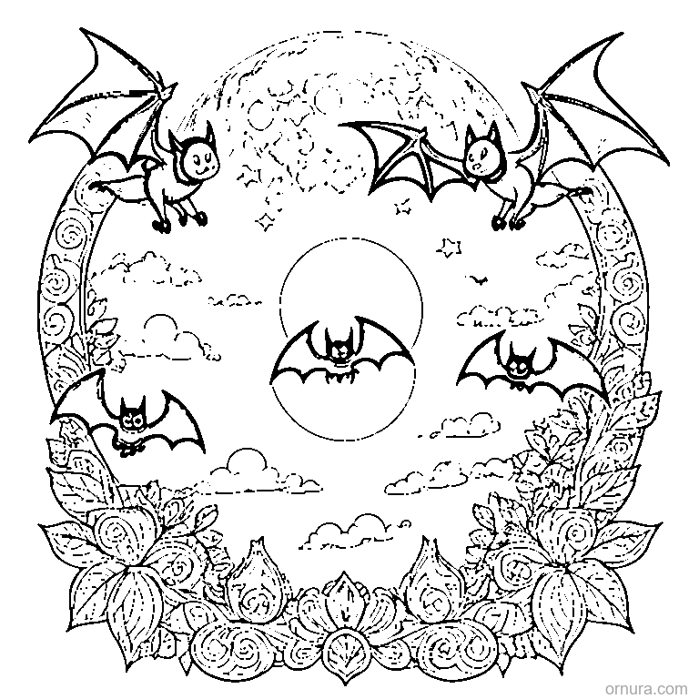 bats flying across a full moon coloring page - free printable black and white line art for kids and adults