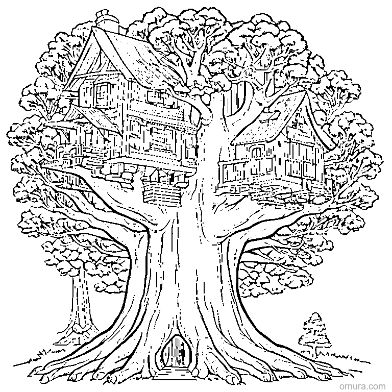 big tree with a treehouse coloring page - free printable black and white line art for kids and adults