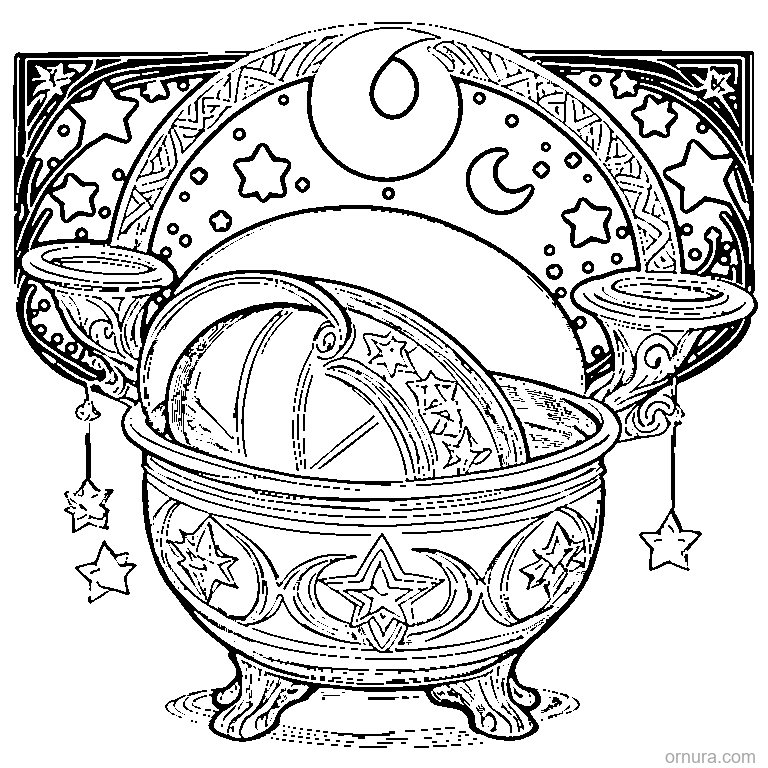black cauldron with stars coloring page - free printable black and white line art for kids and adults