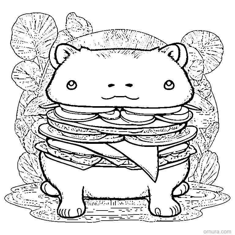 capybara eating a sandwich coloring page - free printable black and white line art for kids and adults