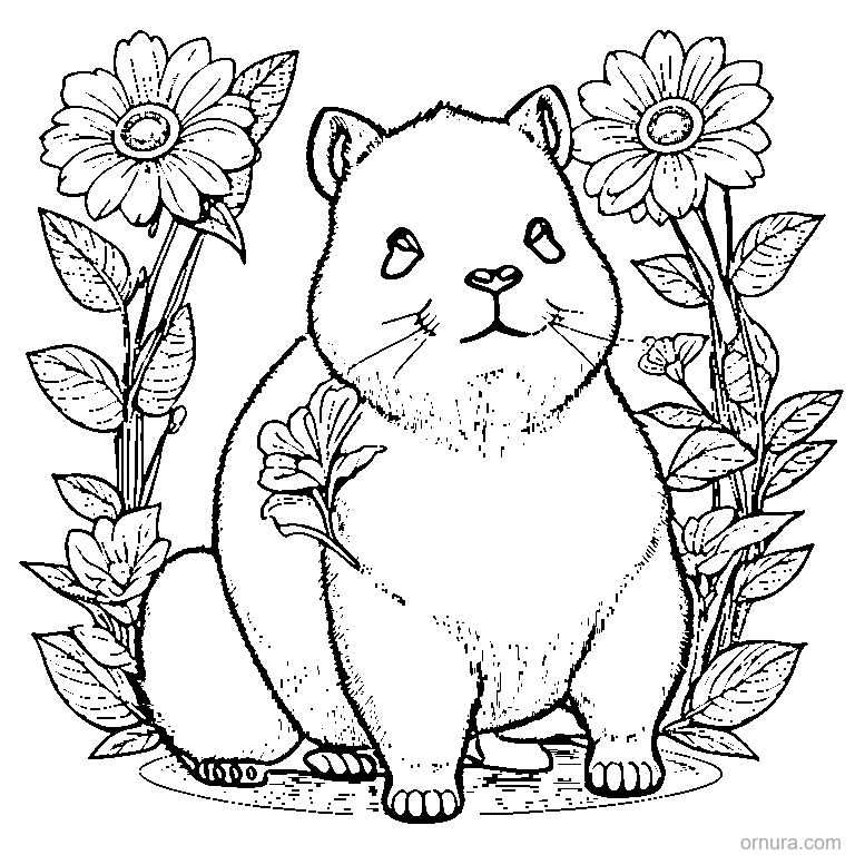 capybara holding a flower coloring page - free printable black and white line art for kids and adults