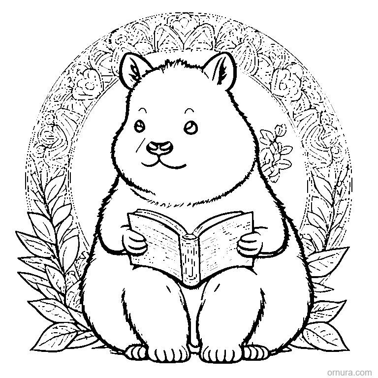 capybara reading a book coloring page - free printable black and white line art for kids and adults