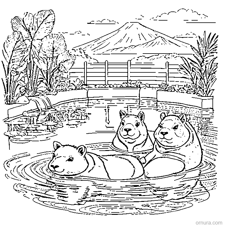 capybara relaxing in a hot spring coloring page - free printable black and white line art for kids and adults