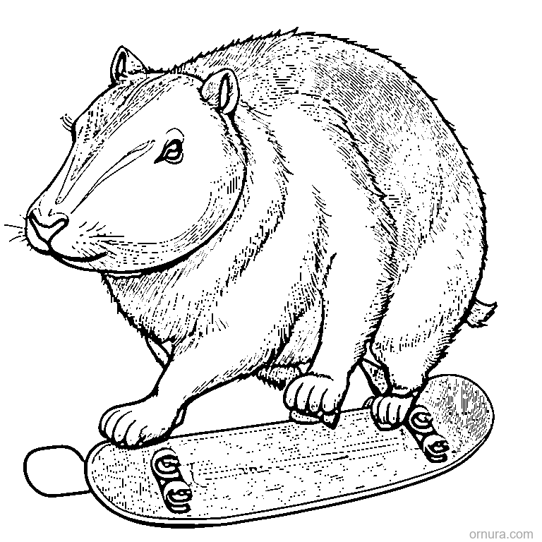 capybara riding a skateboard coloring page - free printable black and white line art for kids and adults