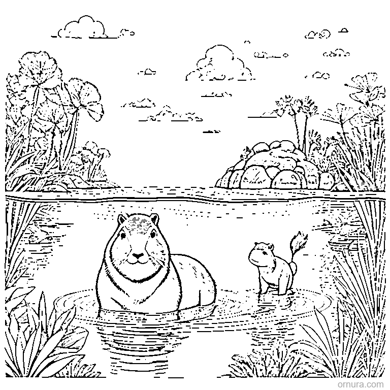 capybara swimming in water coloring page - free printable black and white line art for kids and adults