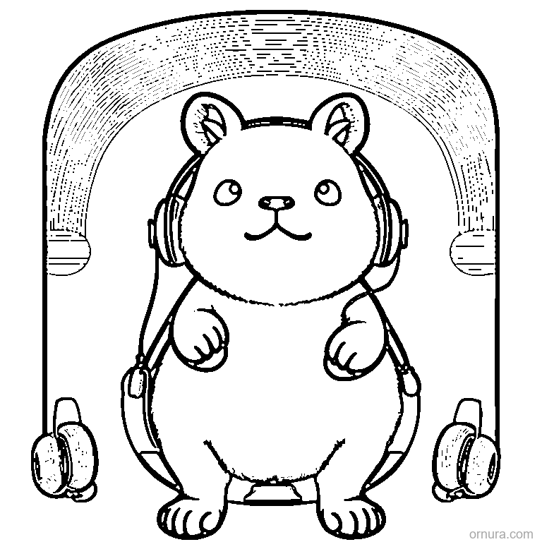 capybara wearing headphones coloring page - free printable black and white line art for kids and adults