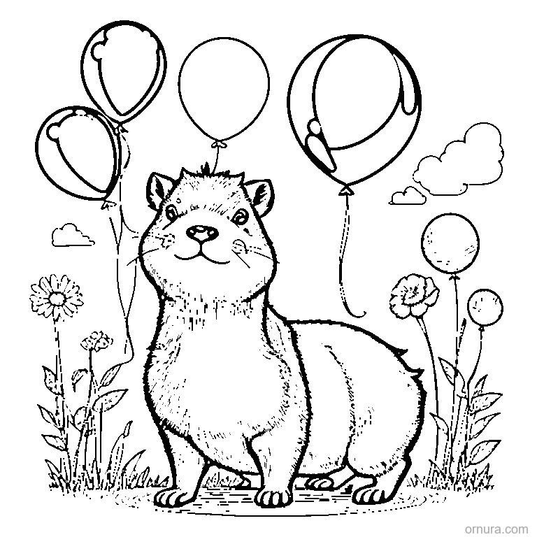 capybara with balloons coloring page - free printable black and white line art for kids and adults