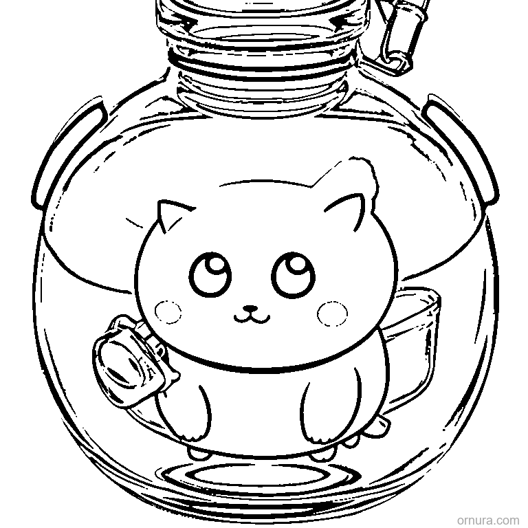 cat in a potion bottle coloring page - free printable black and white line art for kids and adults