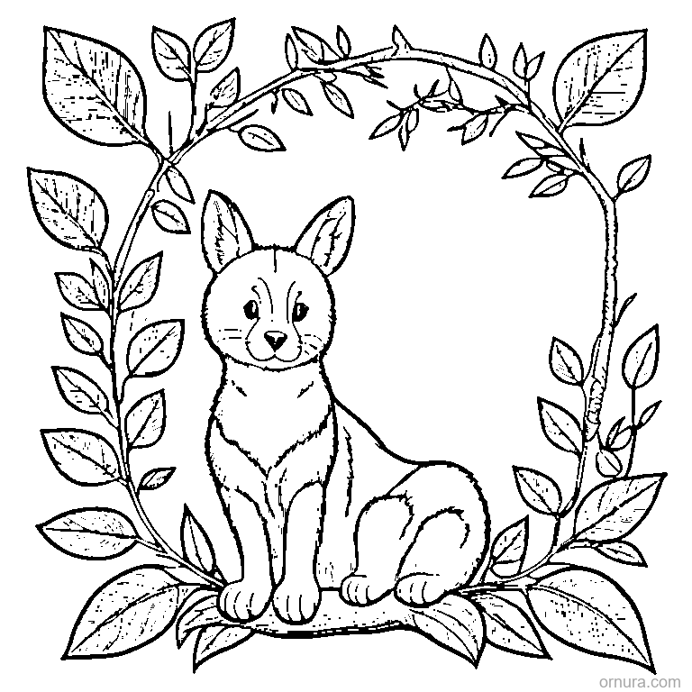 cat sitting in a leaf wreath coloring page - free printable black and white line art for kids and adults