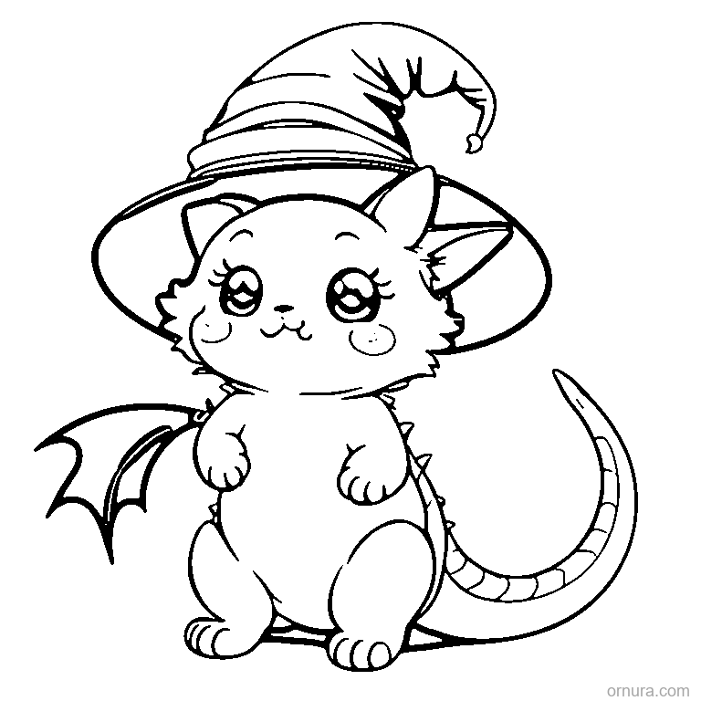 cat with bat wings and a witch hat coloring page - free printable black and white line art for kids and adults