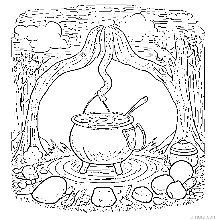 cauldron bubbling over a campfire coloring page - free printable black and white line art for kids and adults
