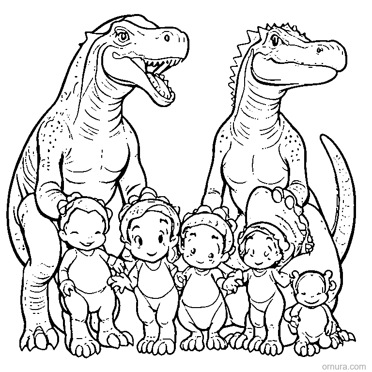 cute dinosaur family with three babies coloring page - free printable black and white line art for kids and adults