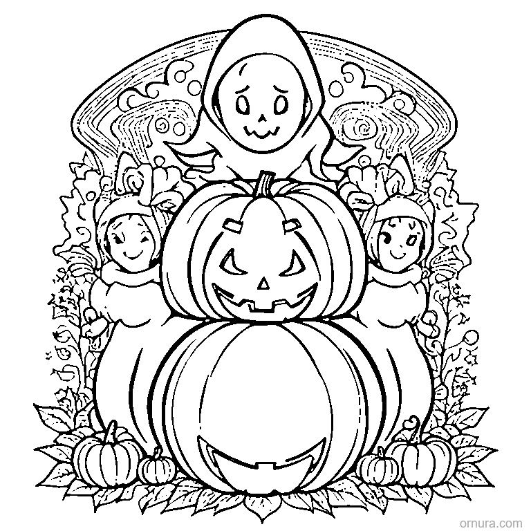 cute ghosts with a jack o lantern coloring page - free printable black and white line art for kids and adults