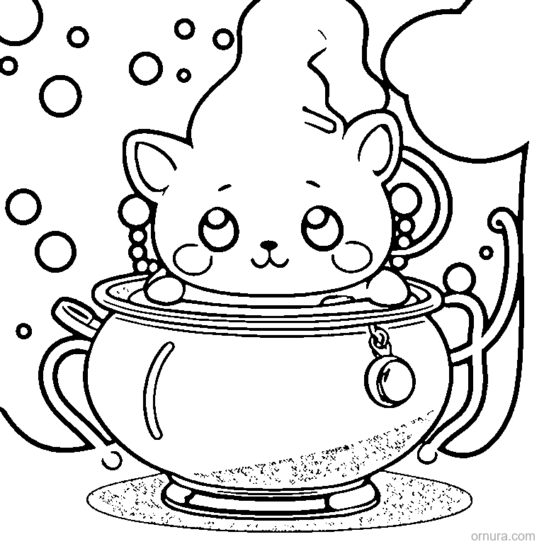 cute kitten in a cauldron coloring page - free printable black and white line art for kids and adults