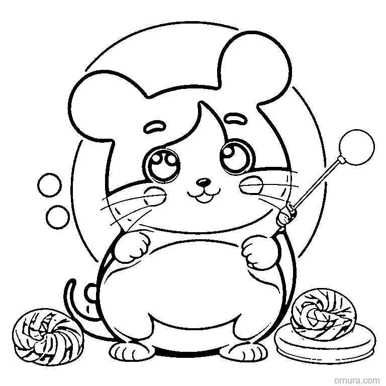 cute mouse with candy treats coloring page - free printable black and white line art for kids and adults