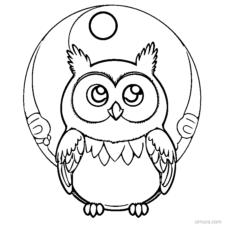 cute owl sitting on a crescent moon coloring page - free printable black and white line art for kids and adults