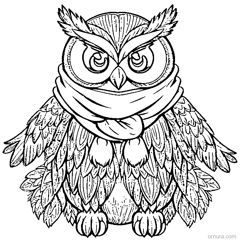 cute owl wearing a scarf coloring page - free printable black and white line art for kids and adults