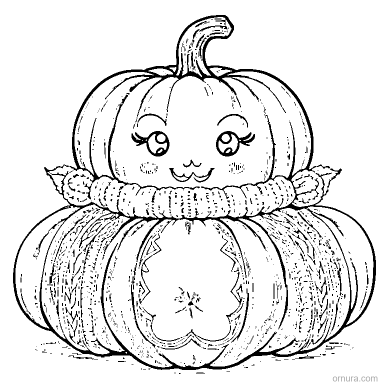 cute pumpkin wearing a cozy scarf coloring page - free printable black and white line art for kids and adults