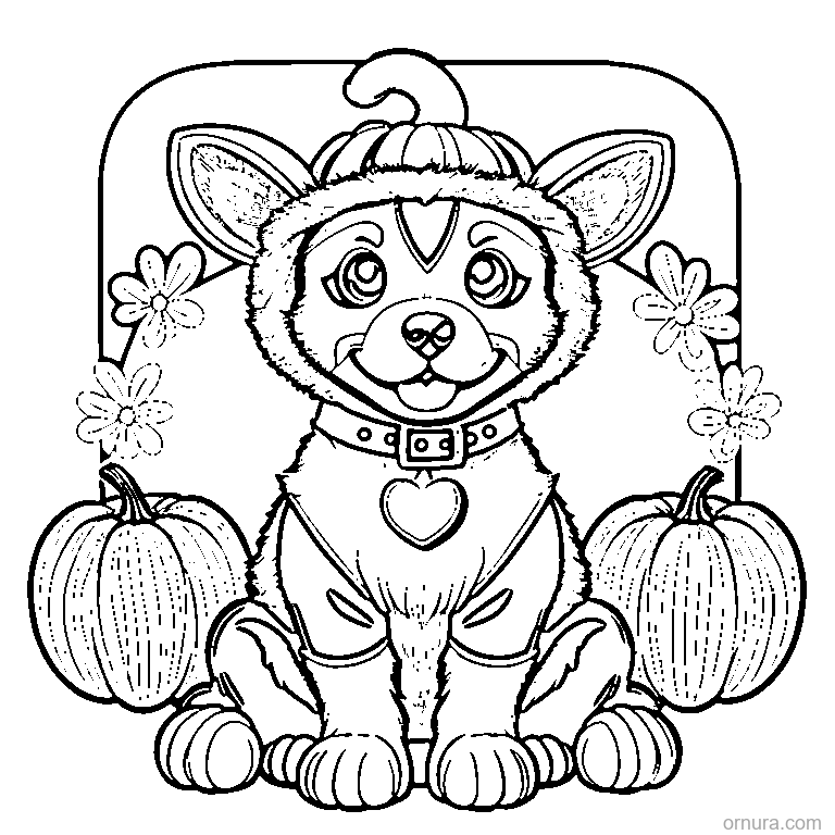 cute puppy with two pumpkins coloring page - free printable black and white line art for kids and adults
