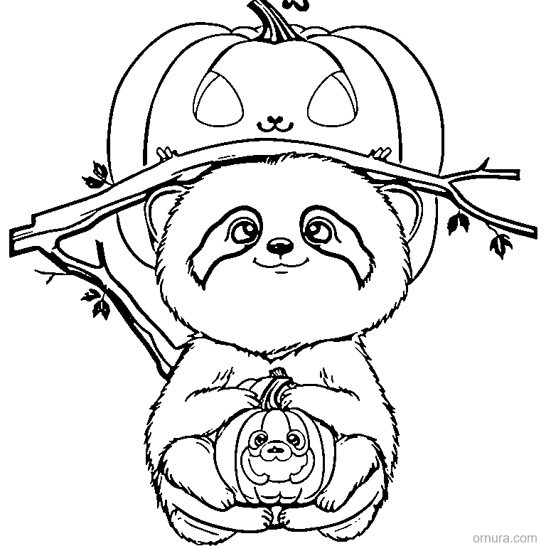cute sloth wearing a pumpkin hat coloring page - free printable black and white line art for kids and adults