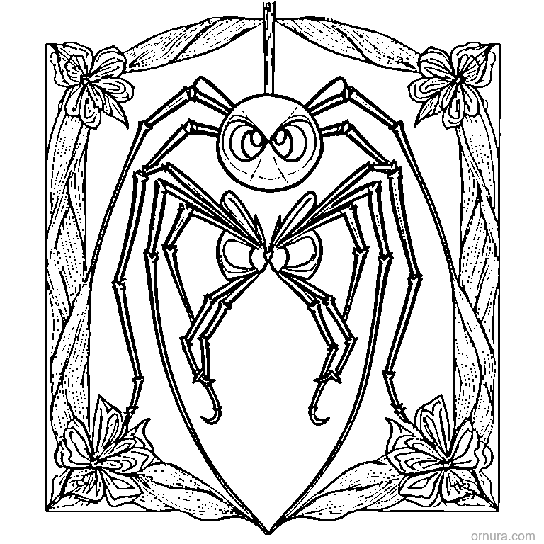 cute spider hanging from a silk thread coloring page - free printable black and white line art for kids and adults