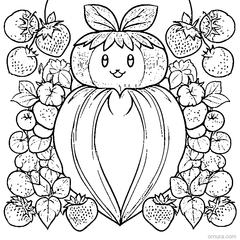 cute strawberry heart with strawberry border coloring page - free printable black and white line art for kids and adults
