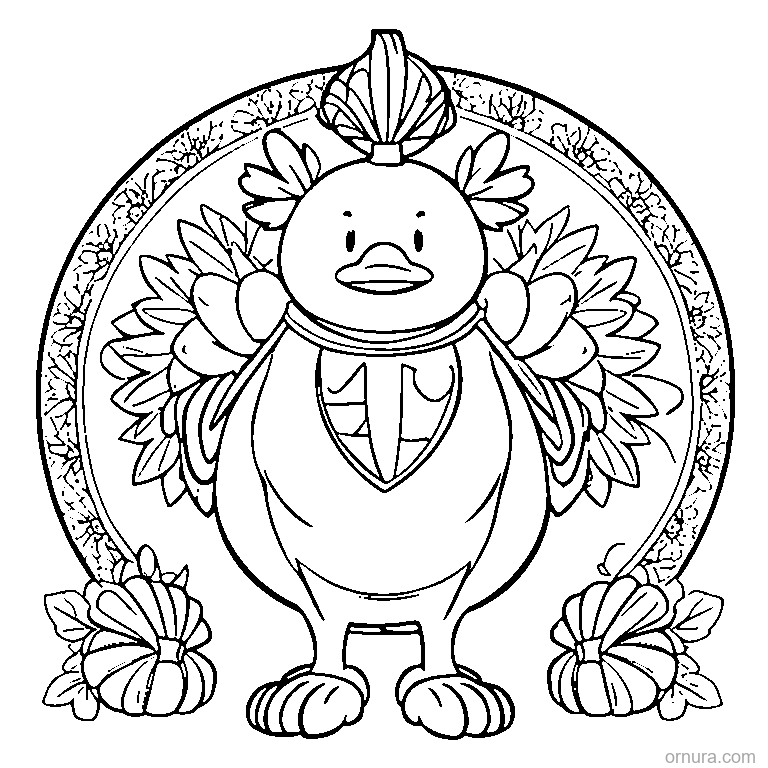 cute turkey in a round leaf frame coloring page - free printable black and white line art for kids and adults