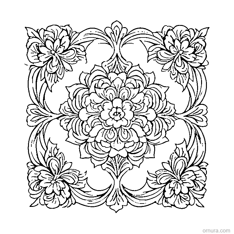 damask pattern floral template coloring page - free printable black and white line art for kids and adults