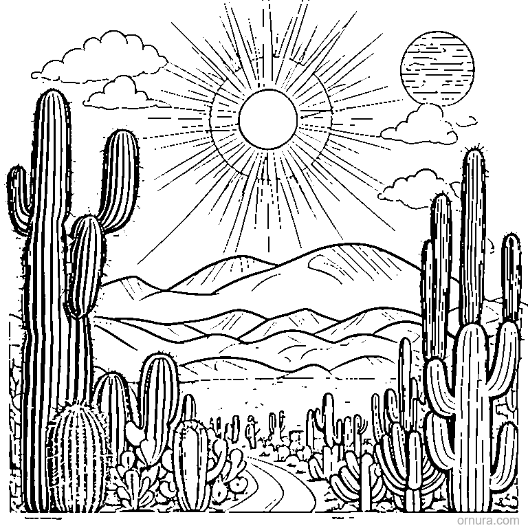 desert scene with cacti and sun coloring page - free printable black and white line art for kids and adults