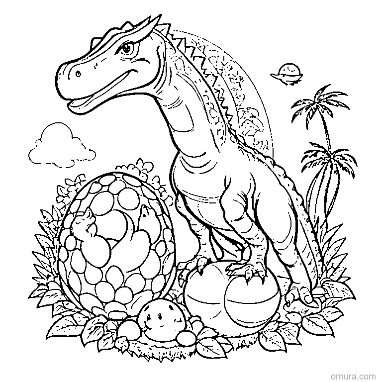 dinosaur nest with eggs coloring page - free printable black and white line art for kids and adults