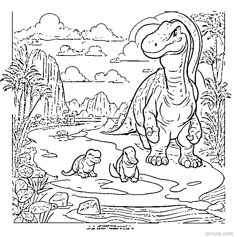 dinosaurs by a river coloring page - free printable black and white line art for kids and adults