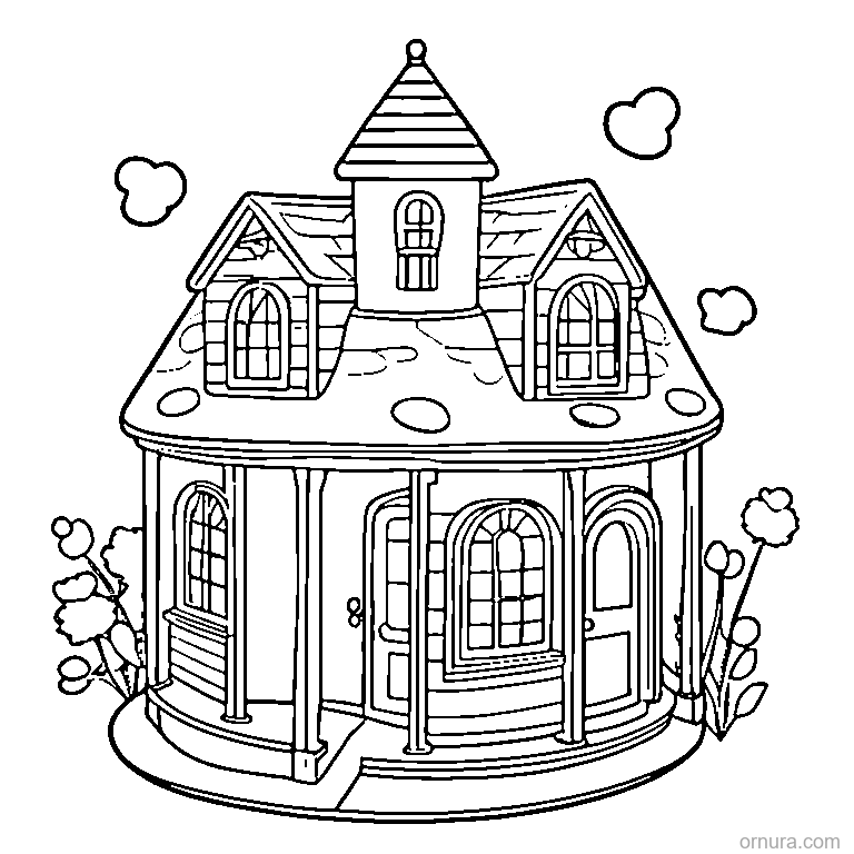 easy haunted house coloring page - free printable black and white line art for kids and adults