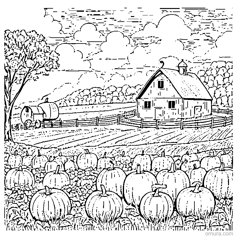 fall barn with hay bales and pumpkins coloring page - free printable black and white line art for kids and adults