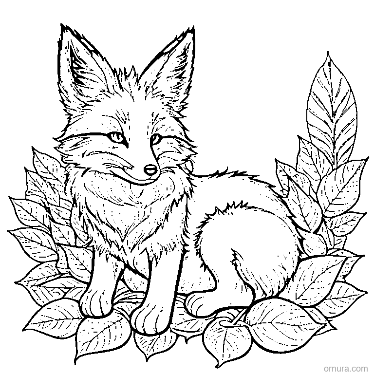 fall fox curled up in leaves coloring page - free printable black and white line art for kids and adults