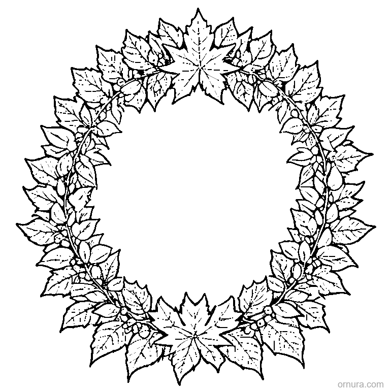 fall leaves wreath coloring page - free printable black and white line art for kids and adults