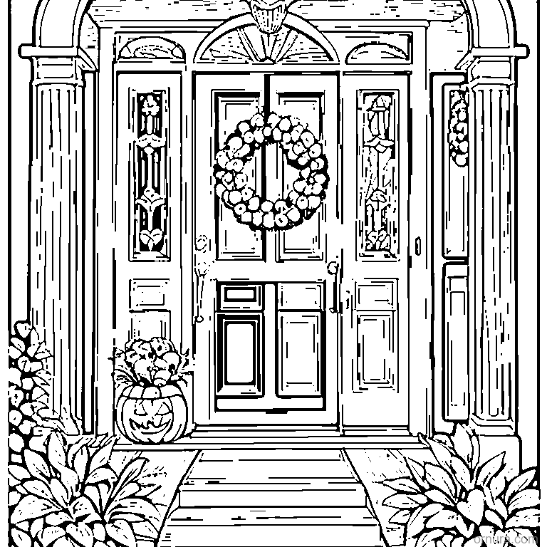 front door with a halloween wreath coloring page - free printable black and white line art for kids and adults