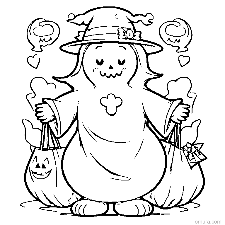 ghost in a witch hat carrying candy bags coloring page - free printable black and white line art for kids and adults
