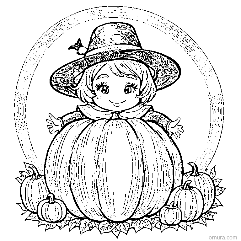 girl in a pilgrim hat inside a pumpkin coloring page - free printable black and white line art for kids and adults