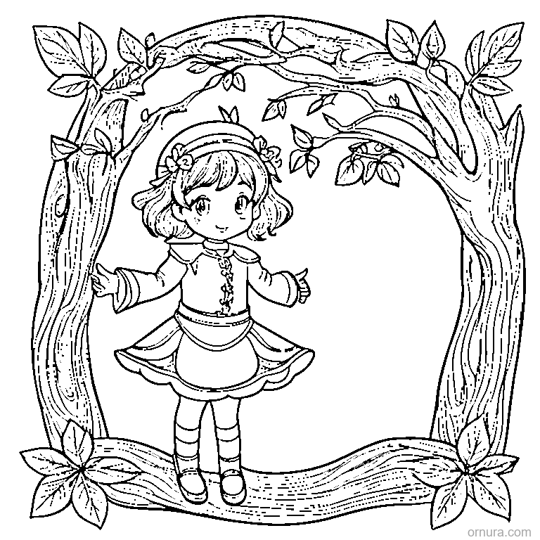 girl standing in a leafy branch frame coloring page - free printable black and white line art for kids and adults