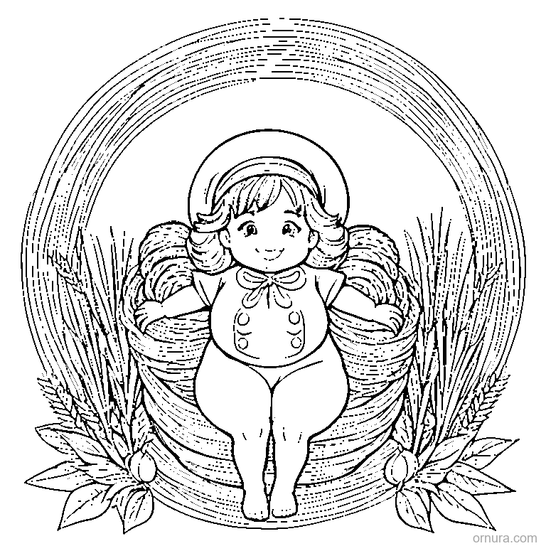 girl standing in a wheat wreath coloring page - free printable black and white line art for kids and adults