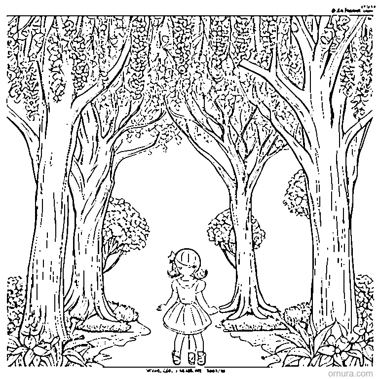 girl standing under a wisteria tree coloring page - free printable black and white line art for kids and adults