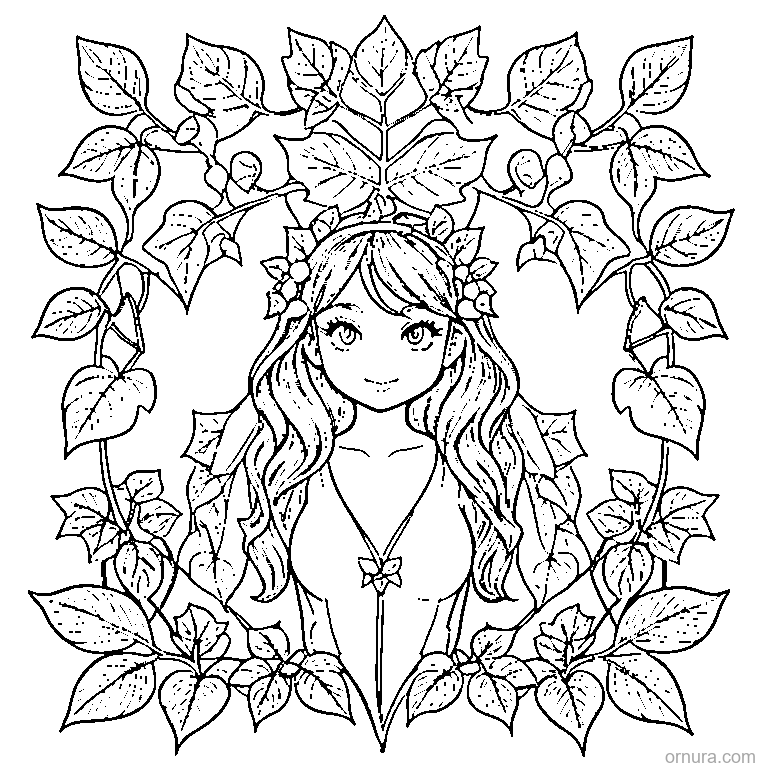 girl surrounded by ivy leaves coloring page - free printable black and white line art for kids and adults