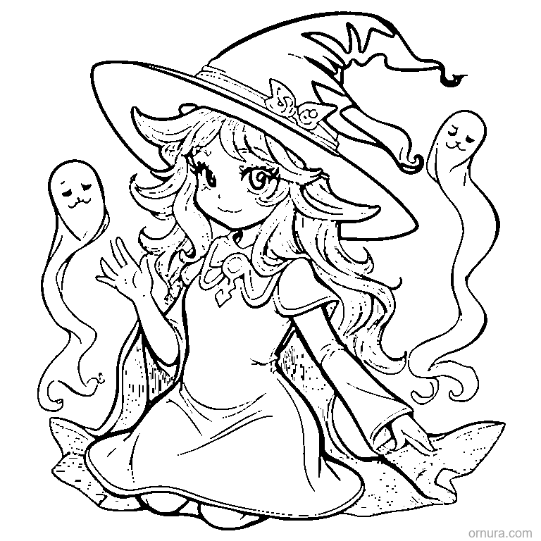 girl witch with two little ghosts coloring page - free printable black and white line art for kids and adults