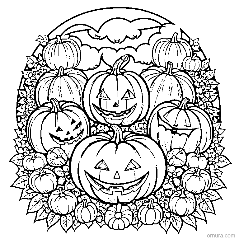 halloween border frame with pumpkins and bats coloring page - free printable black and white line art for kids and adults