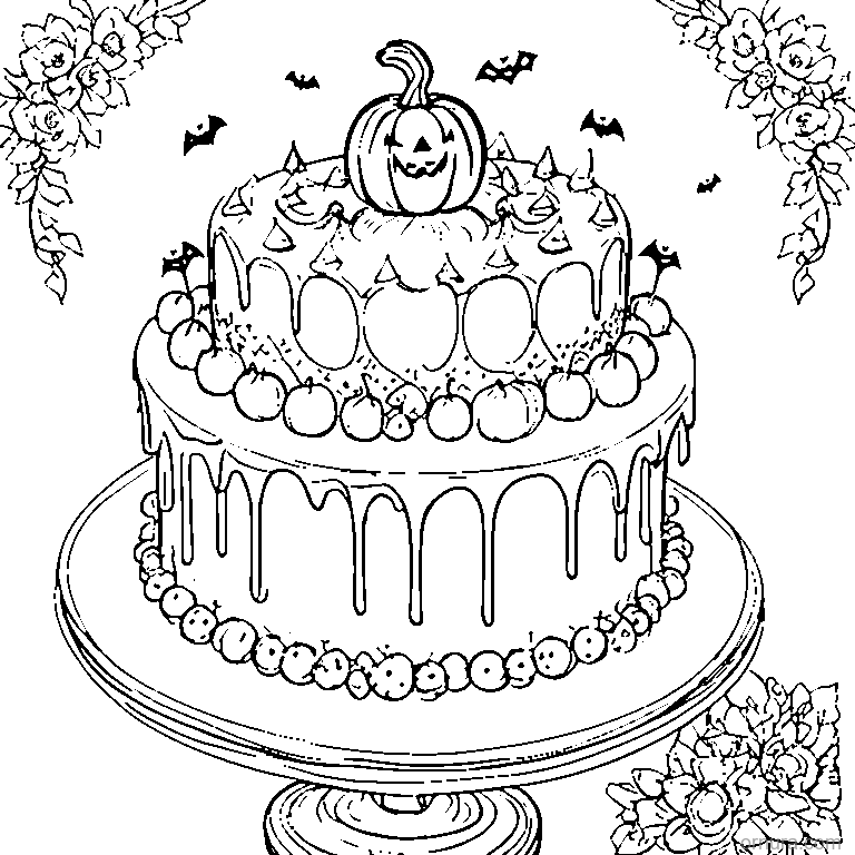halloween cake with pumpkin topper coloring page - free printable black and white line art for kids and adults