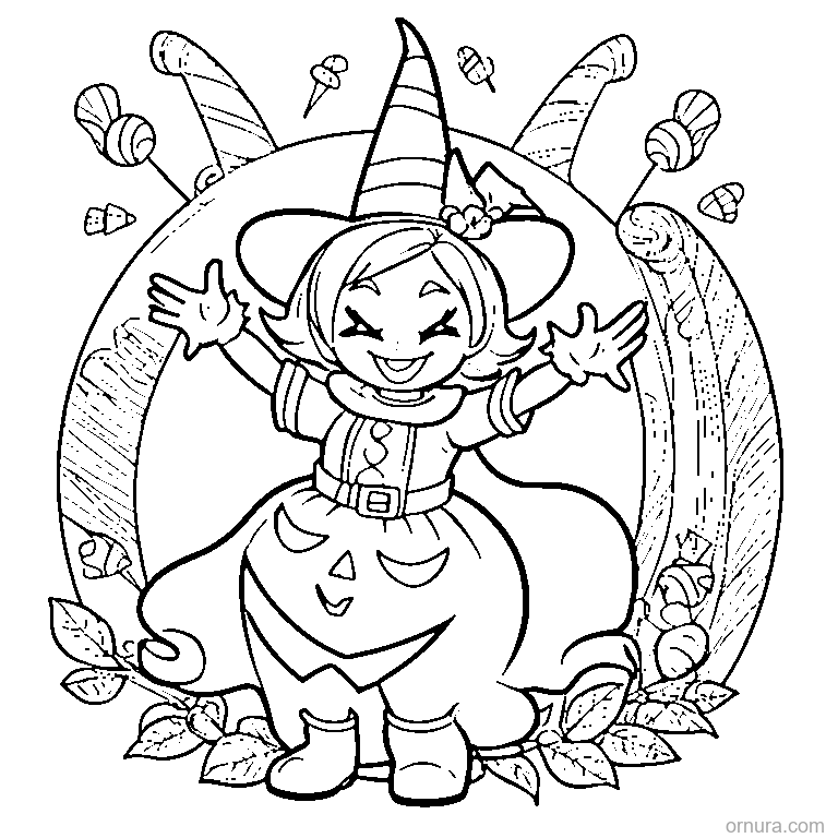 halloween candy corn character waving coloring page - free printable black and white line art for kids and adults