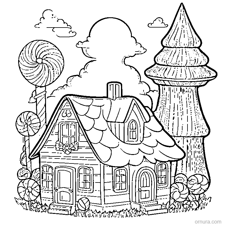 halloween candy house coloring page - free printable black and white line art for kids and adults
